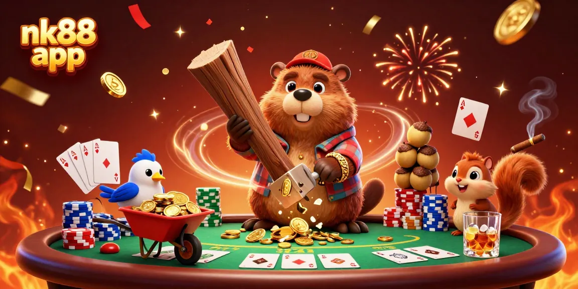 Engage with the exciting nk88 app as a cartoon beaver wins coins at a vibrant poker table.