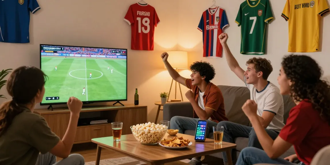 Menonton live streaming bola di ruang tamu dengan teman-teman, suasana penuh semangat.