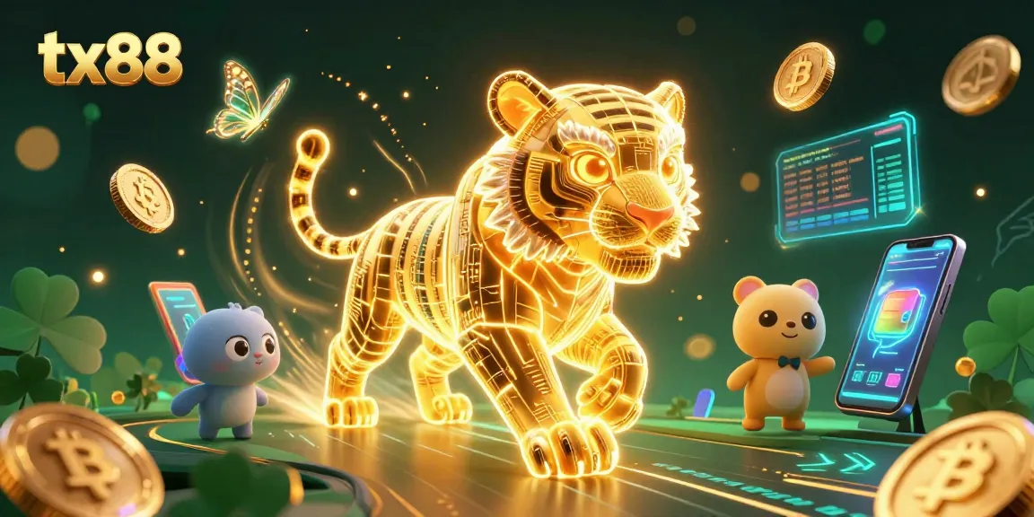 Experience the excitement of tx88 with a vibrant 3D casino scene featuring a luminous tiger and crypto elements.