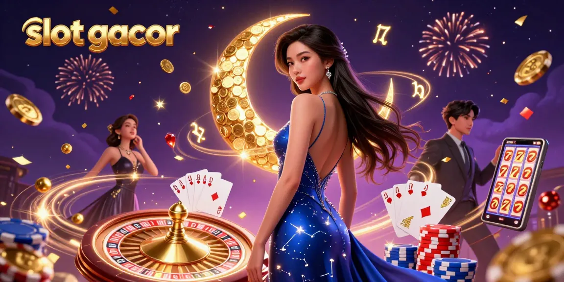 Experience the thrill of slot gacor with a vibrant 3D illustration showcasing an elegant Asian woman amidst magical casino elements and golden symbols.