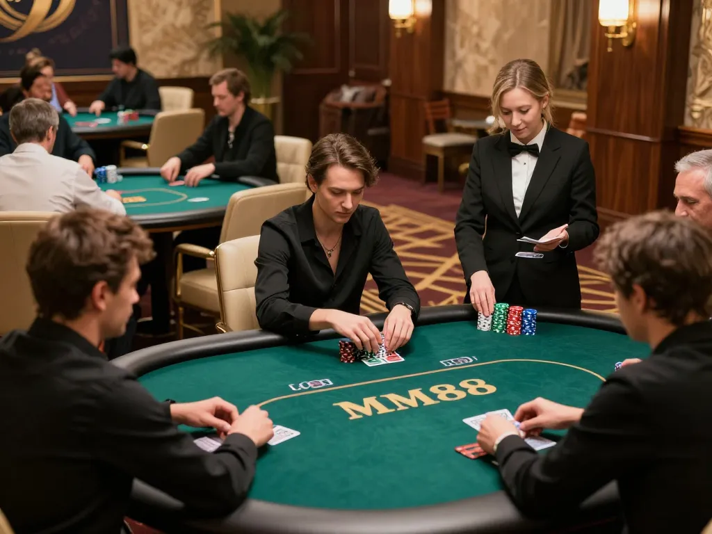 Players strategize at an MM88 poker table during a high-stakes game, showcasing competitive spirit.