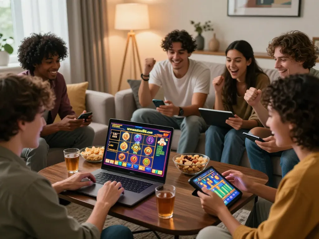 Exciting online gaming session on www.mantra88.com with friends enjoying colorful slot games.