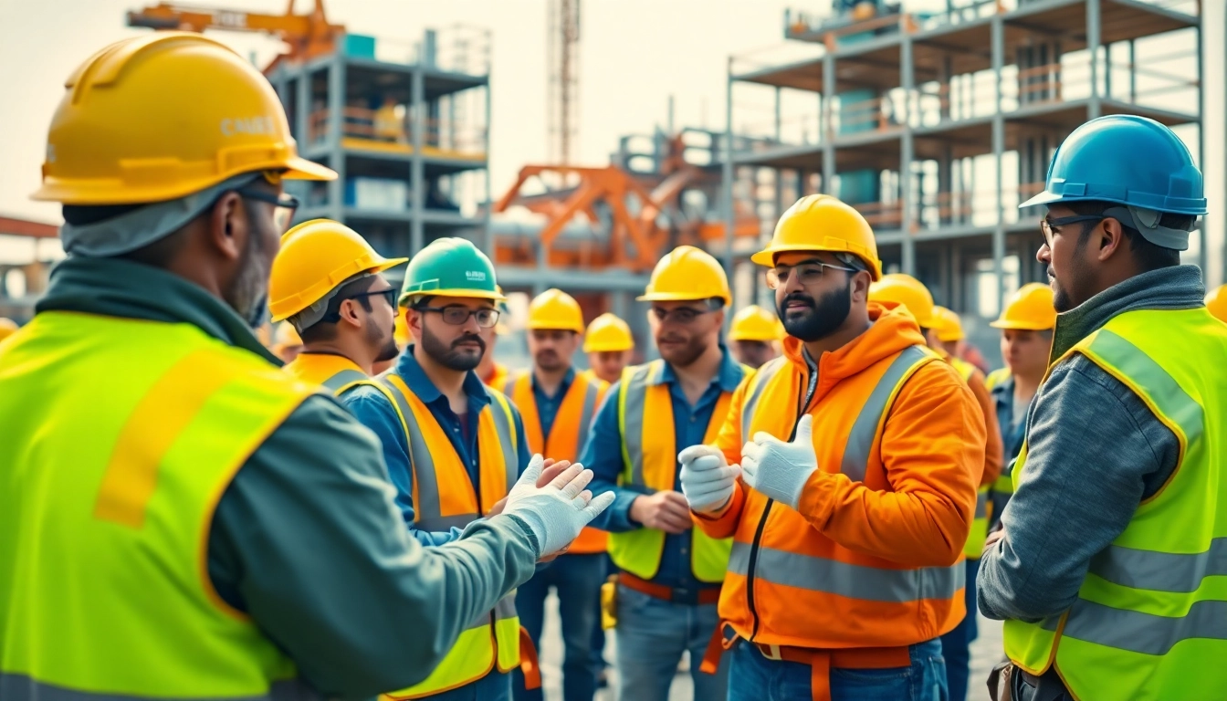 Workers participating in construction site safety training with essential safety equipment.