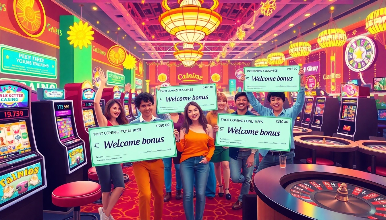 Celebrate welcome bonuses with an energetic casino scene featuring excited players and vibrant colors.