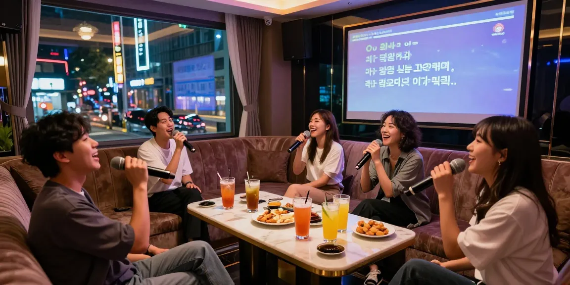 강남 가라오케의 고급스러운 룸에서 친구들이 즐거운 시간을 보내고 있는 모습, 화려한 조명과 노래 화면이 배경을 이룹니다.