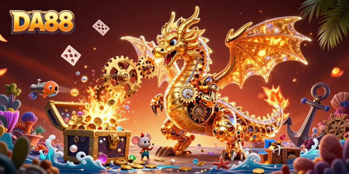 Experience thrilling action at DA88 with golden dragon breathing cogs, treasure, and casino elements all in a vibrant scene.