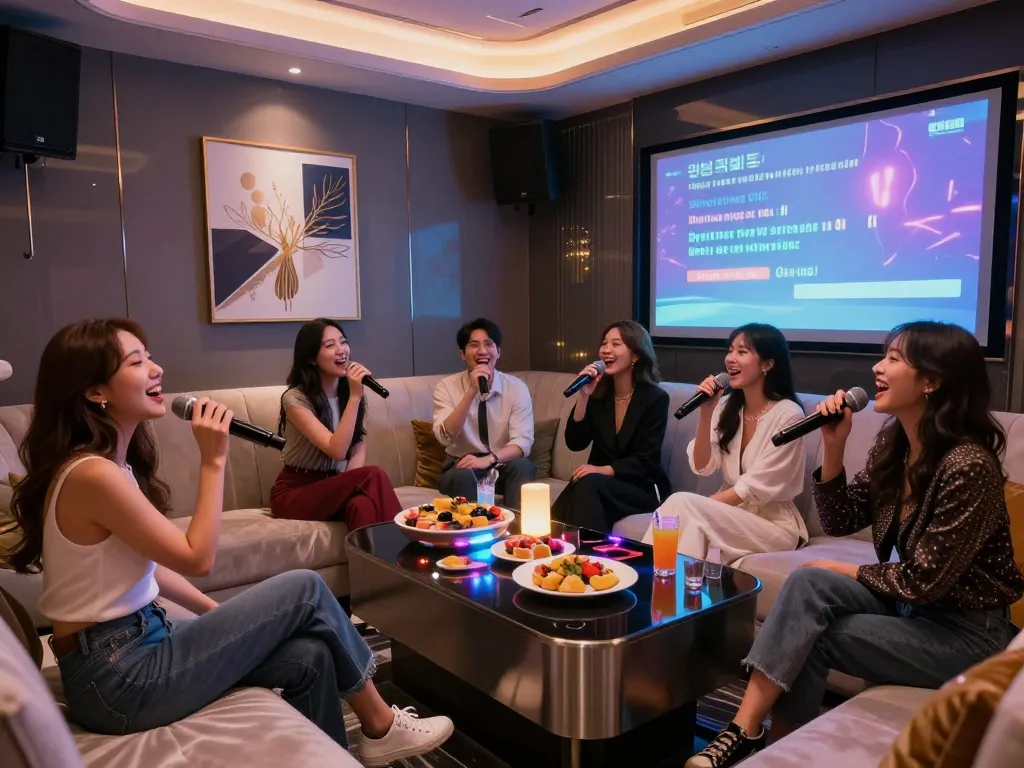 스타일리시한 환경에서 친구들과 함께 고급스러운 노래와 미식 음식을 즐기는 강남퍼펙트 노래방의 활기찬 분위기를 경험하세요.