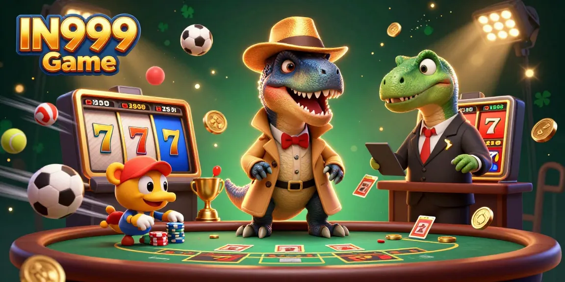 Engage with the IN999 Game in a vibrant casino scene featuring colorful slot elements and dynamic characters.