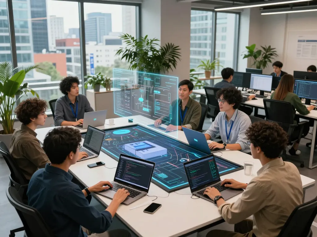 Engineers collaborating on Siemens projects in a modern workspace featuring technology and innovation.