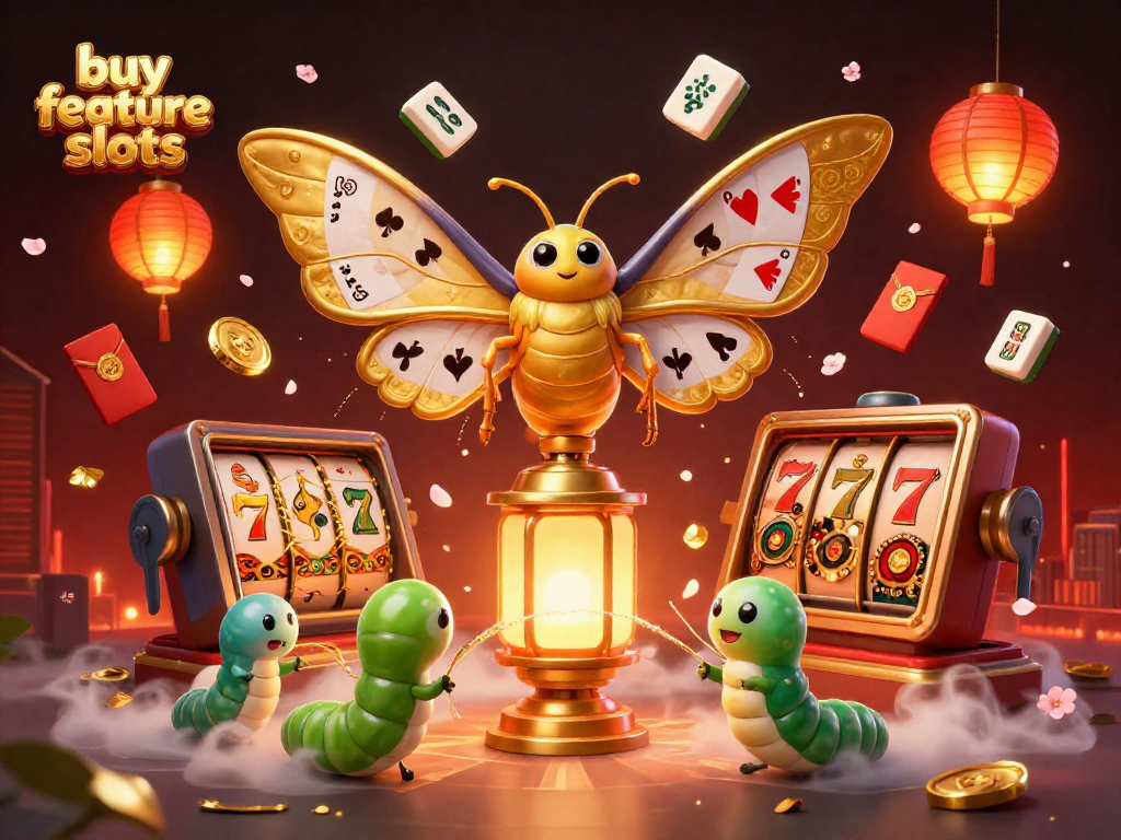 Play buy feature slots with an atlas moth and gold elements in a vibrant casino scene.