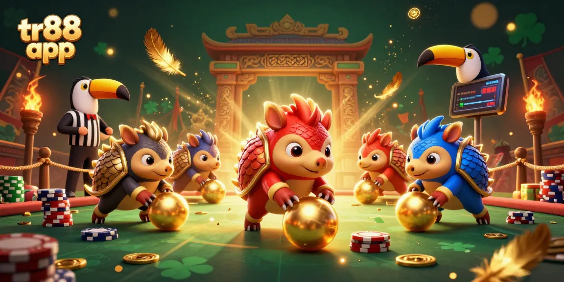 Engage with the tr88 app as rival pangolins battle through golden poker chips in a vibrant casino scene.
