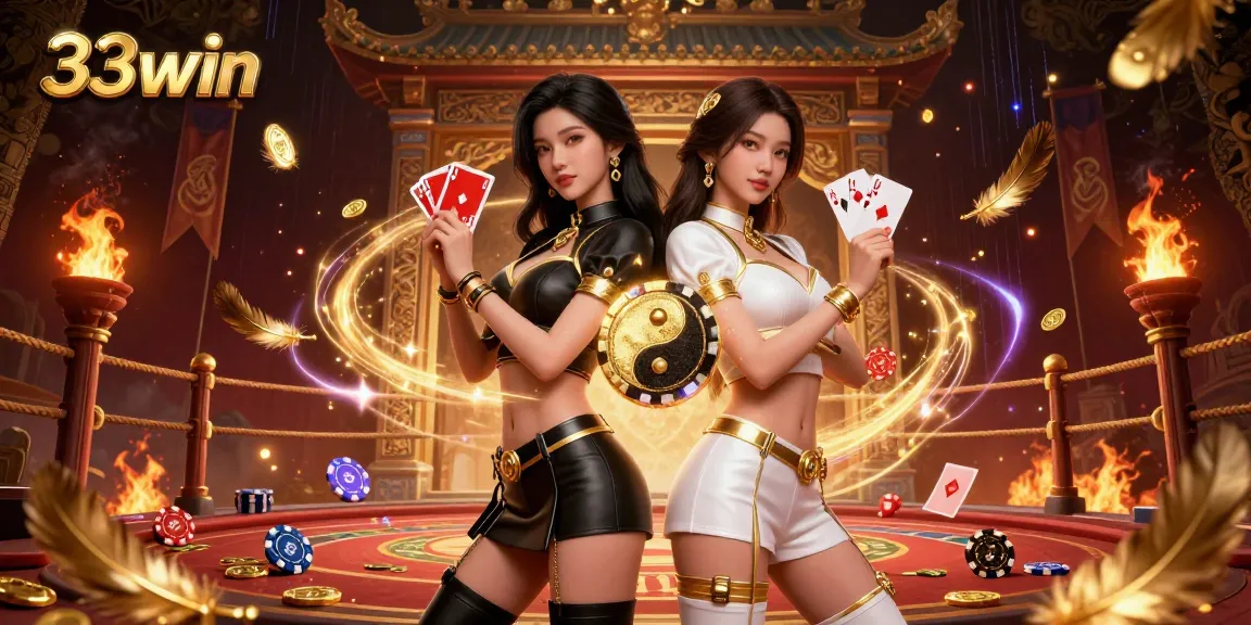 33win showcases a dynamic gambling scene with twin Asian women holding playing cards.