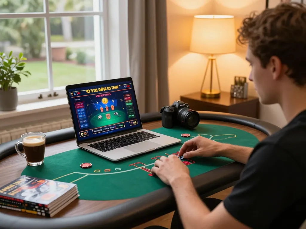 The giường bệnh nhân-themed poker game displayed on a laptop, highlighting strategic gameplay in a cozy home setting.