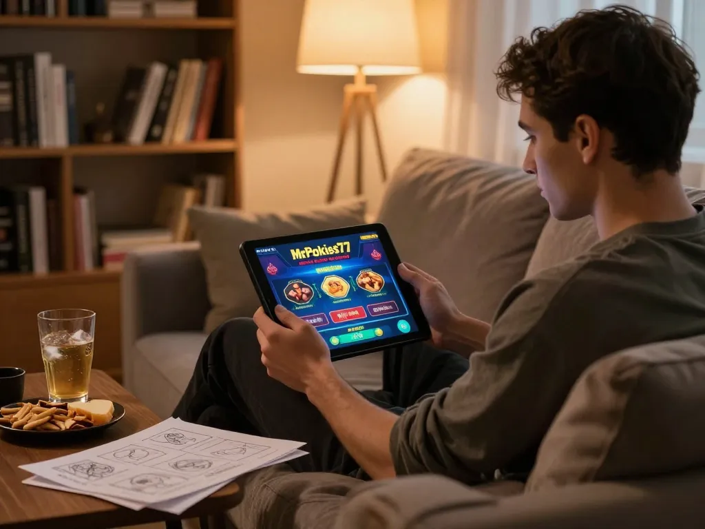 Engaging with MrPokies77 online casino on a tablet, showcasing strategic gameplay and relaxed home atmosphere