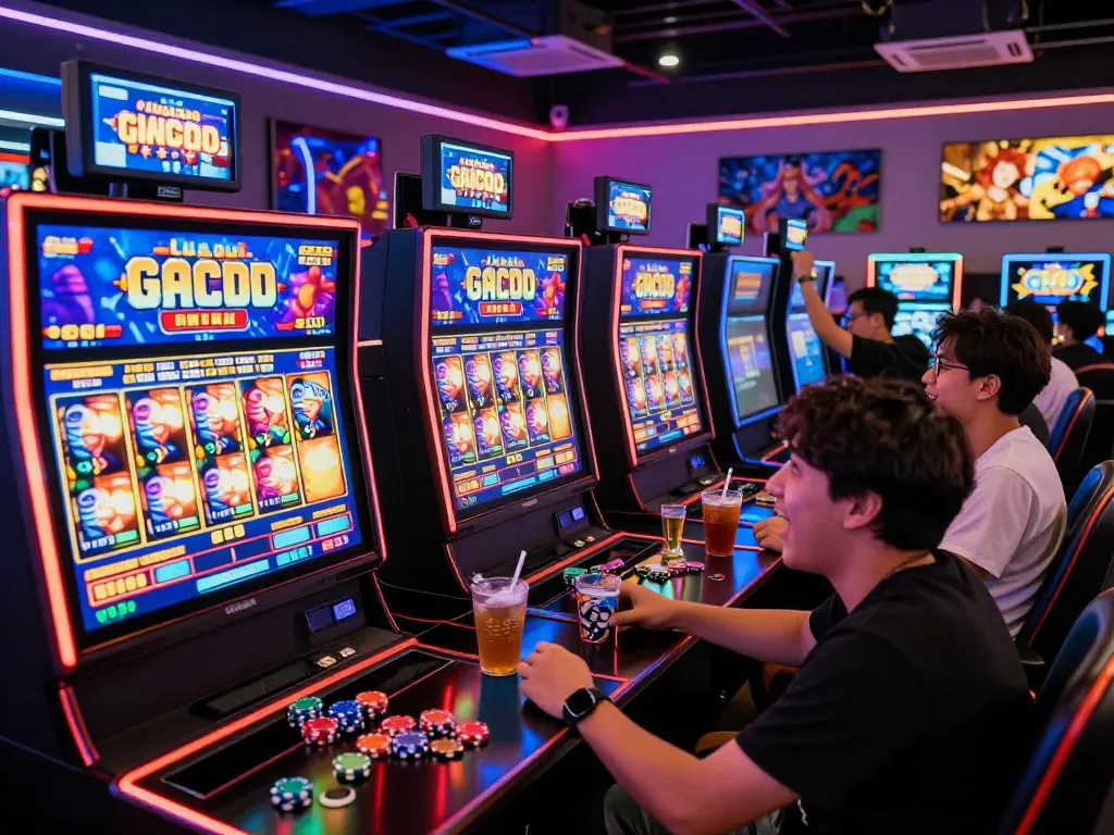 Pemain yang bersemangat terlibat dalam pengalaman permainan slot gacor hari ini di lounge yang ramai