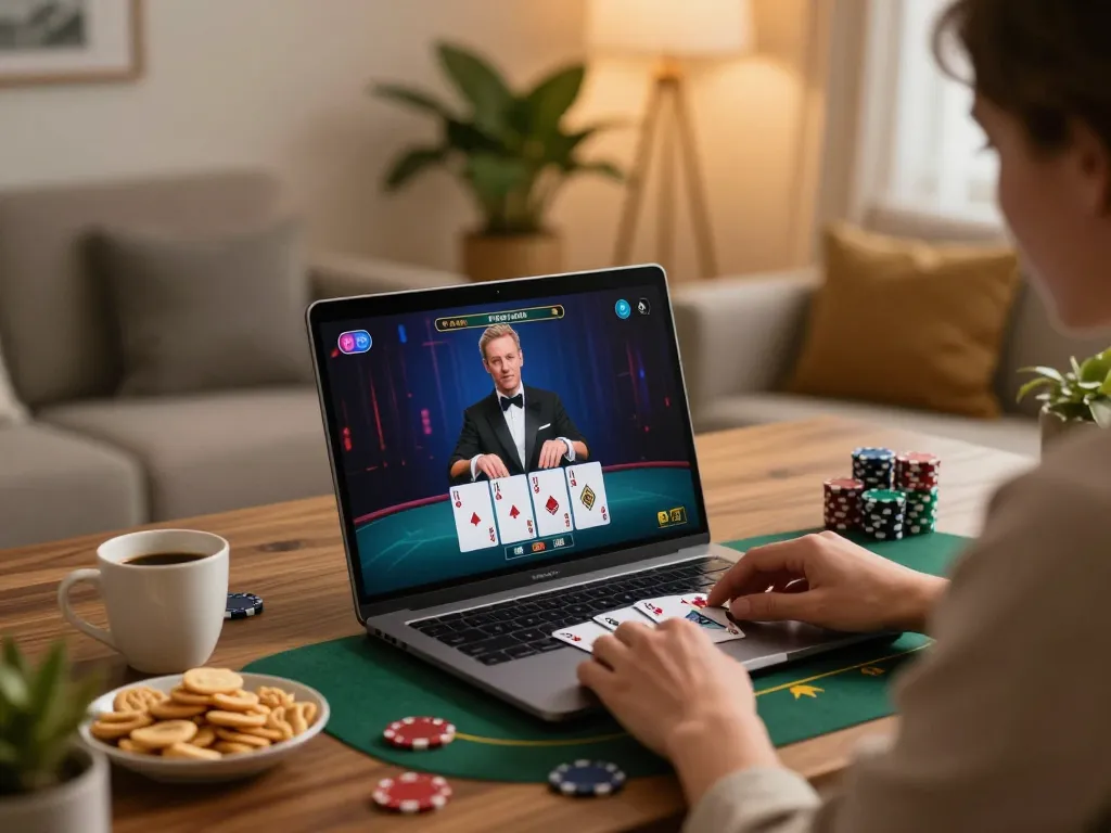 Engaging online gaming scene with gojekpot showing a player at home enjoying blackjack.