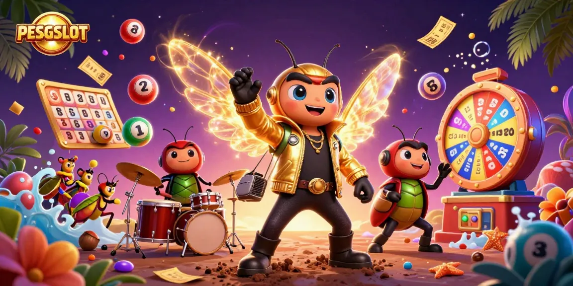 PESGSLOT menghadirkan ilustrasi kasino penuh warna, menampilkan cicada rock star, drummer kumbang, dan penyanyi latar menarik perhatian saat mereka beraksi dalam permainan kasino.