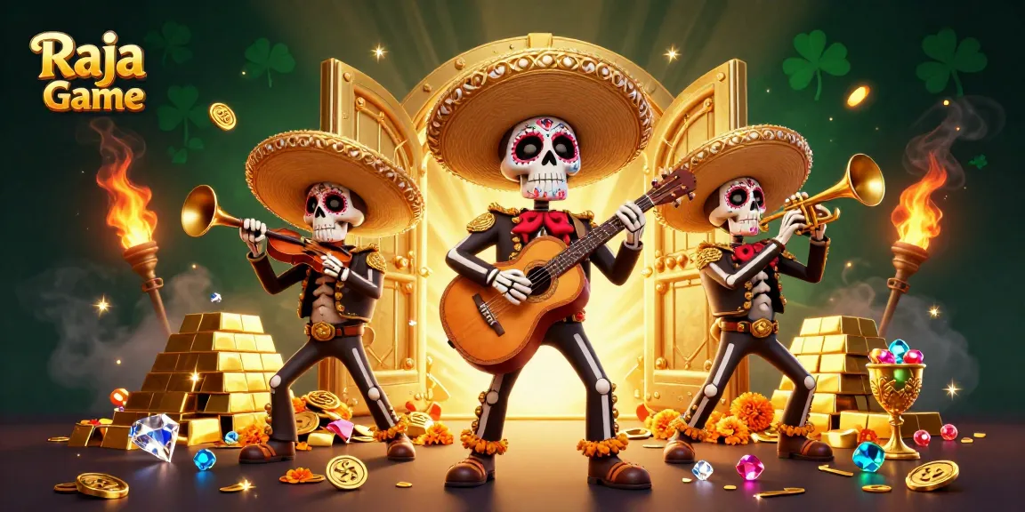 Experience excitement with Raja Game's dynamic 3D mariachi illustration celebrating vibrant casino gameplay.