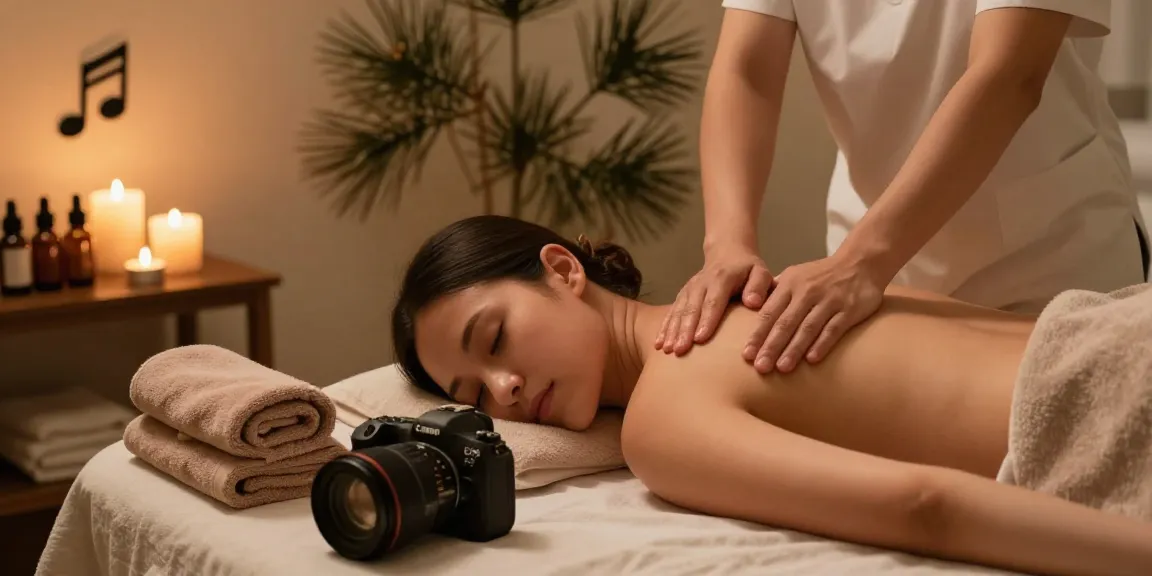 마사지 중인 모습과 아로마 오일, 촛불이 있는 편안한 스파 환경