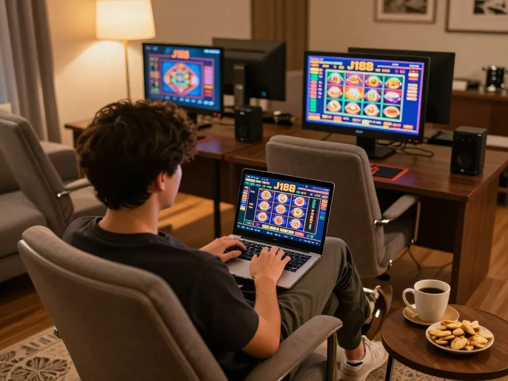 Engaging scene of a player enjoying J188 slot games on a laptop in a cozy home setting.