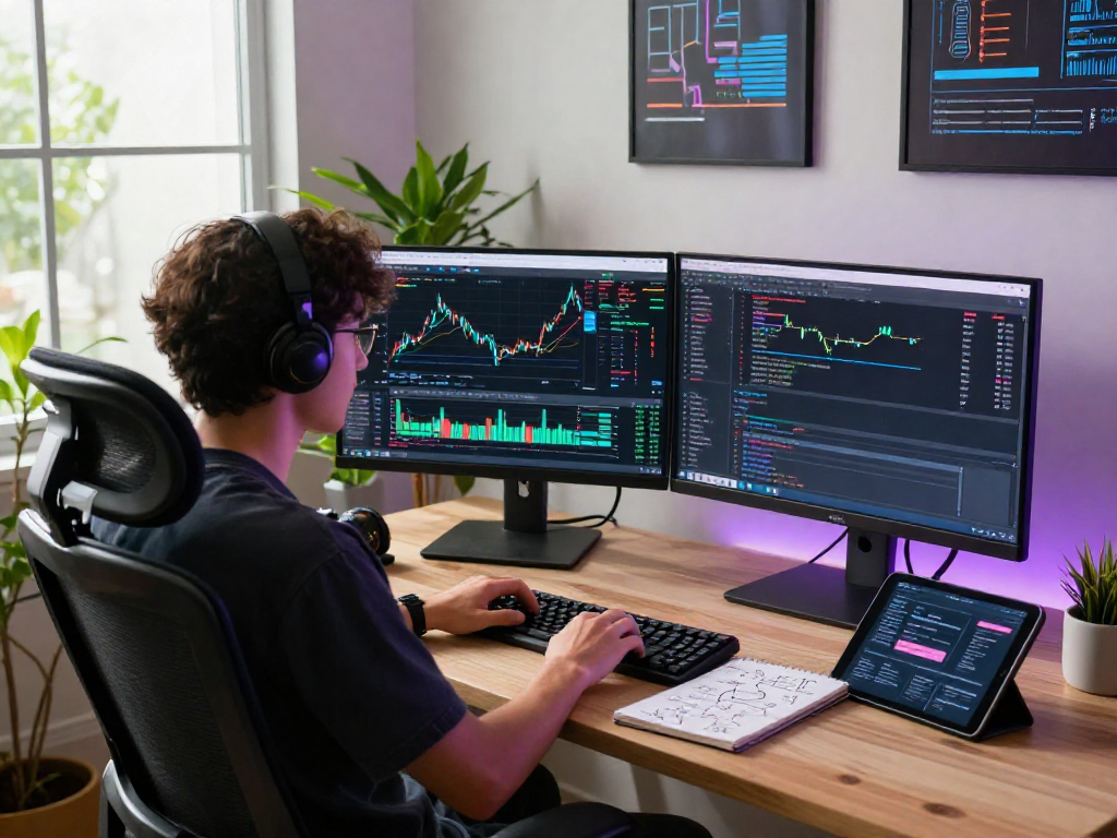Developer analyzing Taiwan quant trading stock API data in a modern workspace.