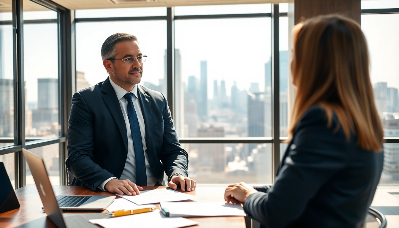 Consulting a New York City Injury Lawyer in a modern office setting with skyline view.