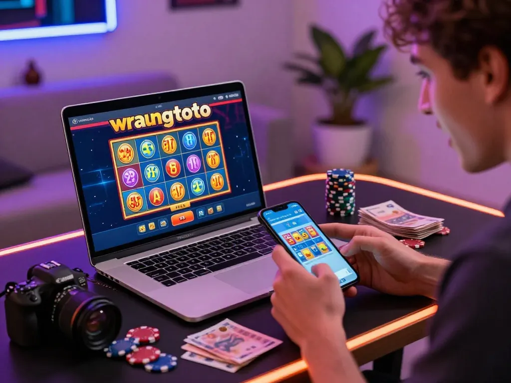 Engaging online gaming experience with wraungtoto interface displayed on laptop and gaming elements.