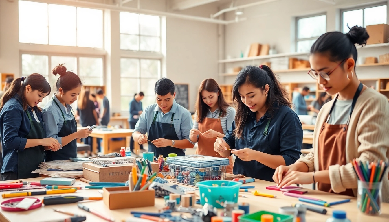 Crafters participating in a craft trainee program in a lively workshop environment.