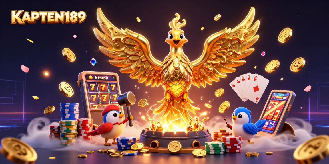 KAPTEN189 menampilkan phoenix emas dari logam cair yang memancarkan koin dengan slot dan produk kasino lainnya dalam ilustrasi 3D detail.