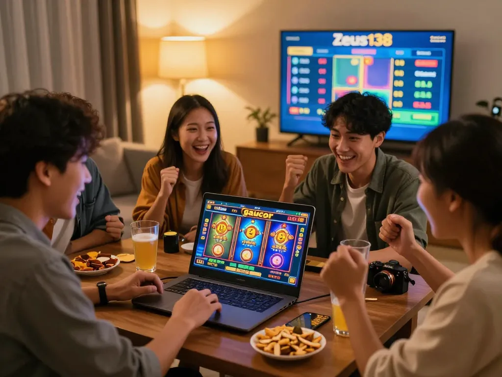 Excited group enjoying a slot gacor game online, with vivid graphics and snacks in a cozy living room.