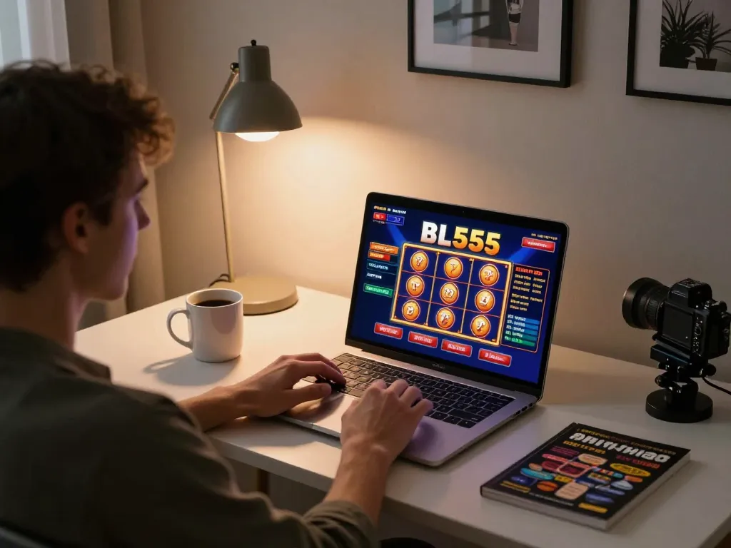 Engaging scene of a player enjoying BL555's online casino games from the comfort of their home.