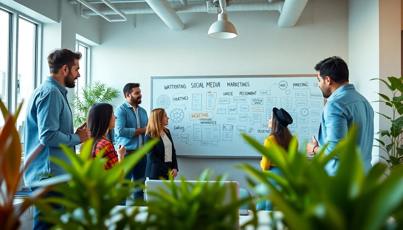 Engaged team in a social media agency brainstorming marketing strategies in a bright office.