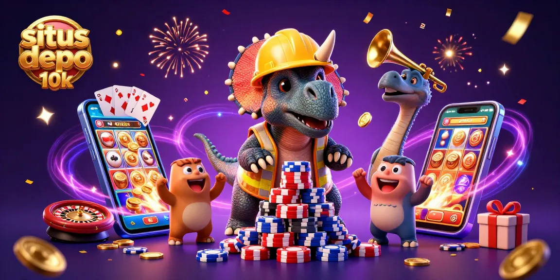 Situs depo 10k showcases a triceratops and a parasaurolophus celebrating with slot game elements amid colorful confetti.