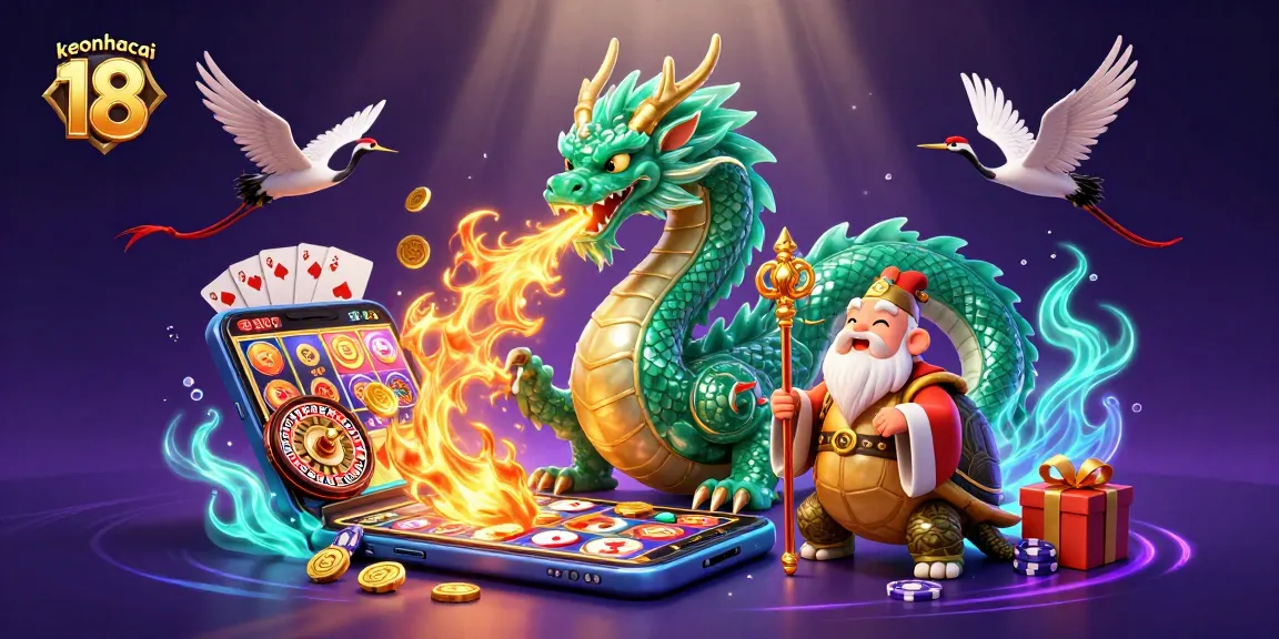 Experience the excitement of keonhacai 18 with a vibrant 3D casino scene featuring a jade dragon and dynamic gaming elements.