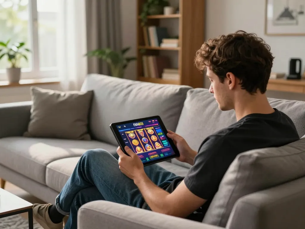 Player enjoying a vibrant FAFA828 slot game interface on tablet in a cozy home setting.