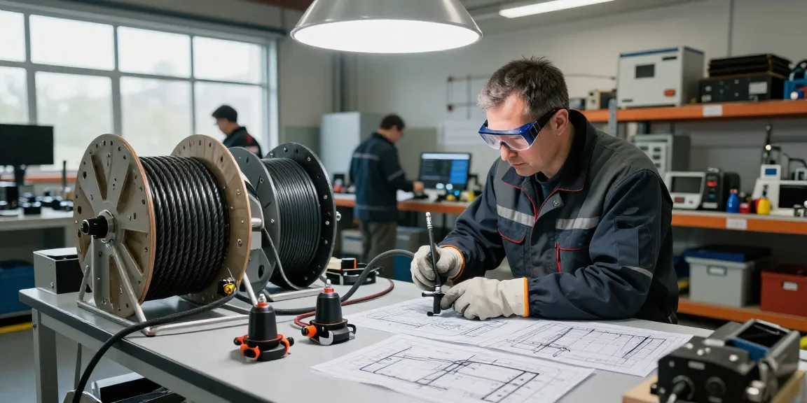 Technician inspecting seismic cable in an industrial workshop with safety gear and equipment