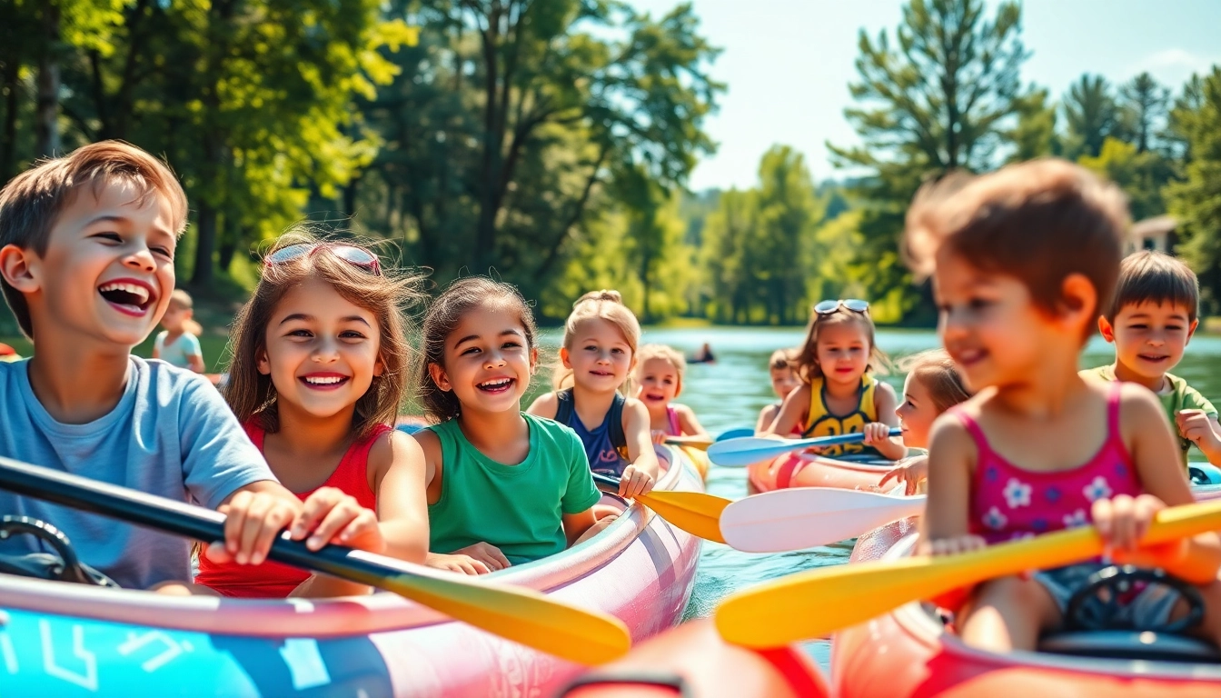 Kids enjoying a coed summer camp experience while kayaking and engaging in activities.