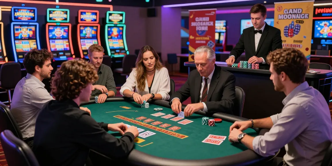 Players at https://lctltd.co.uk enjoying dynamic card games and slots at a modern casino, showcasing vibrant atmosphere and security.