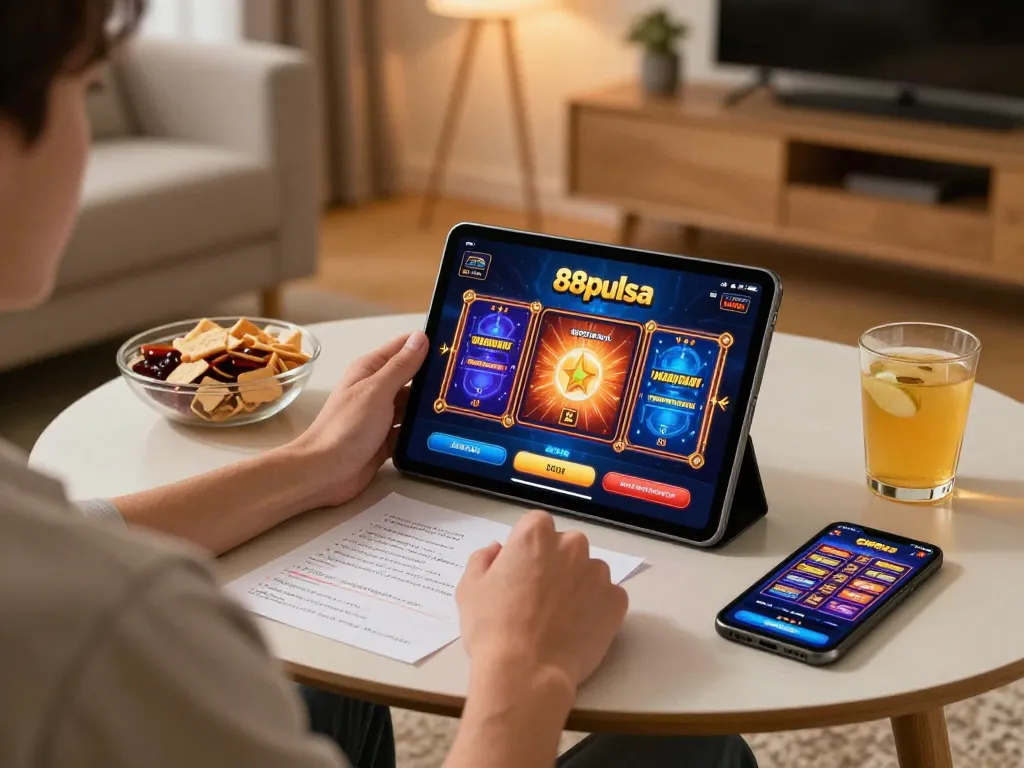 Pemain menikmati slot online 88Pulsa di tablet, menampilkan pengalaman bermain yang menarik dalam suasana yang nyaman.