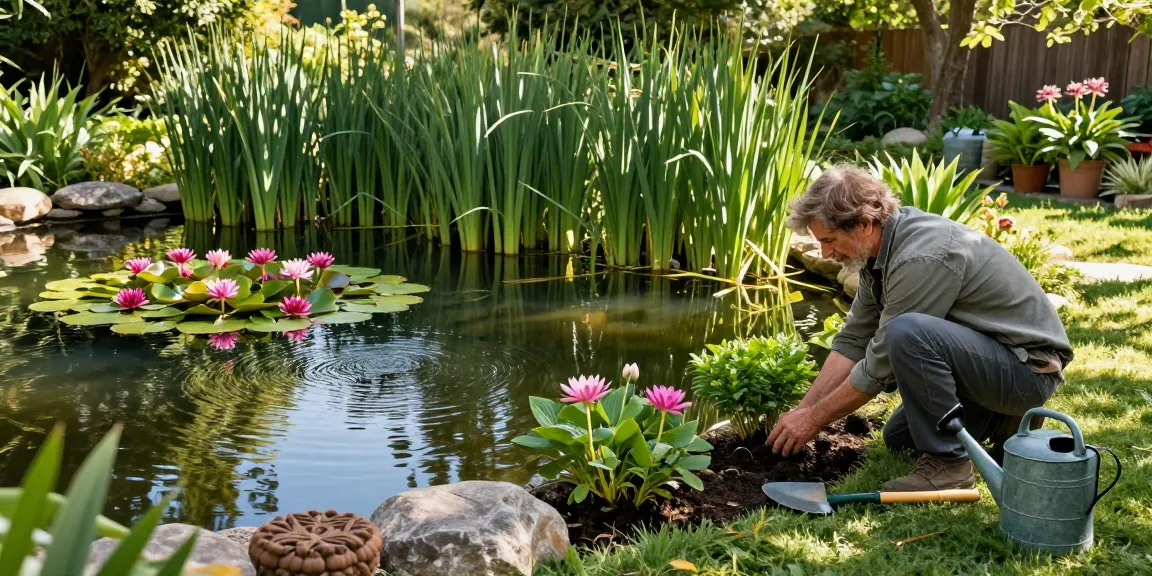 Pond plants thriving around a serene garden pond, with a gardener planting new flora.