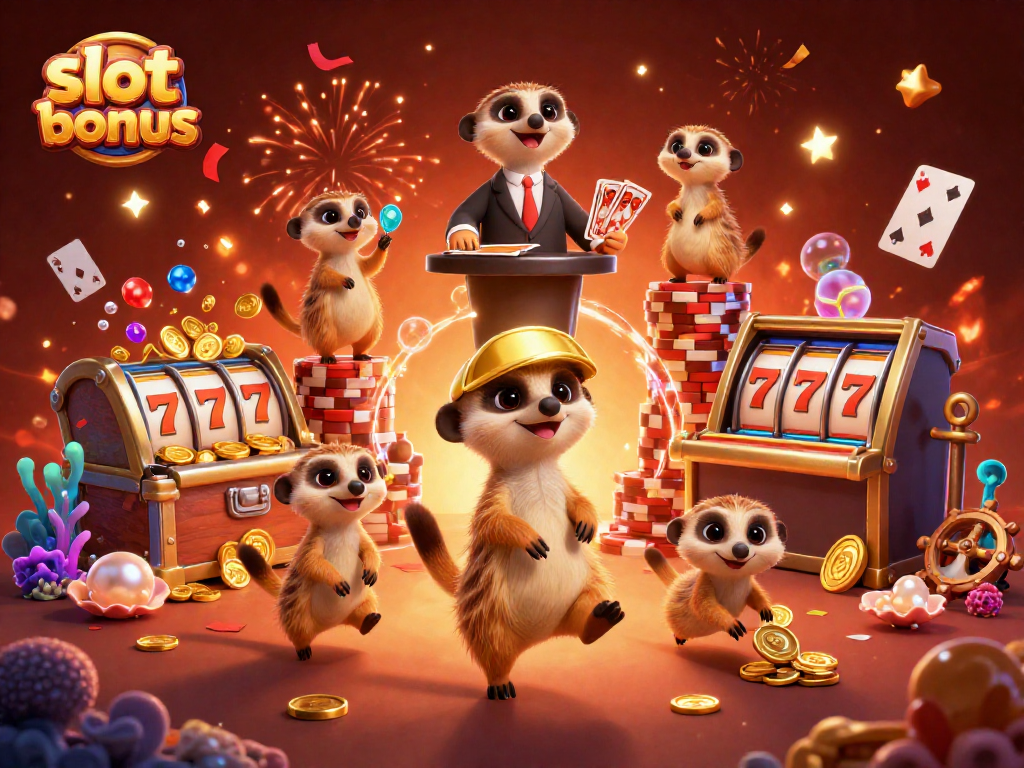 Experience the thrill of slot bonus gameplay with these animated meerkats in a vibrant casino scene.