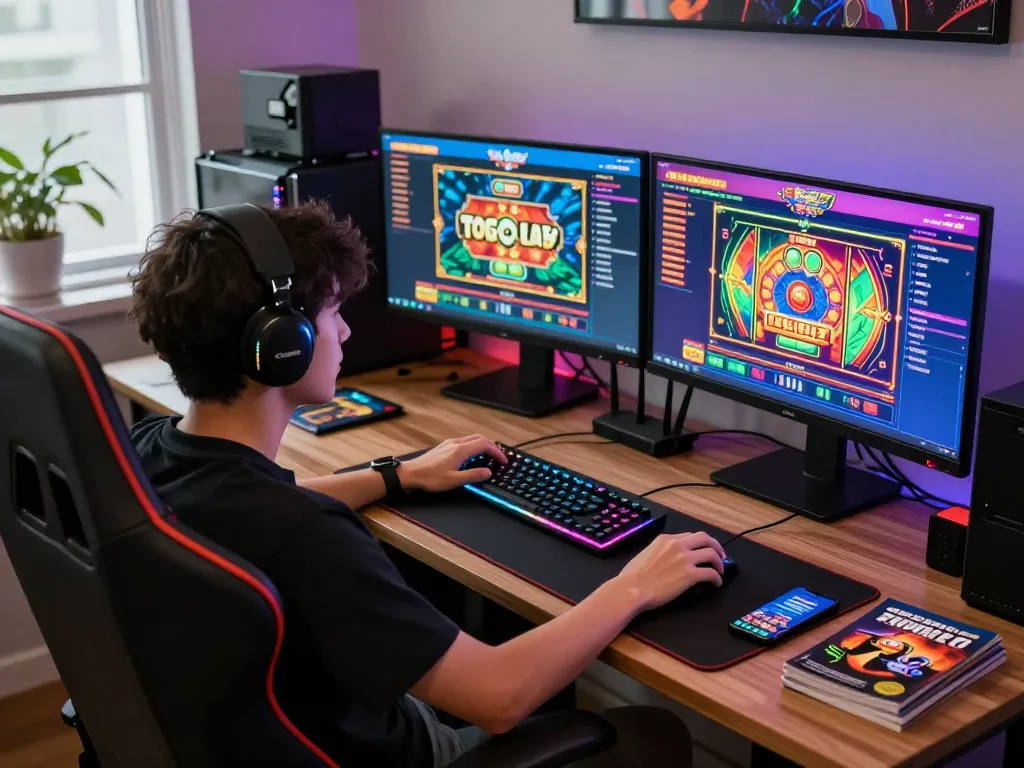 Player engaged in bantaitogel online gaming with modern setup and vibrant screens.