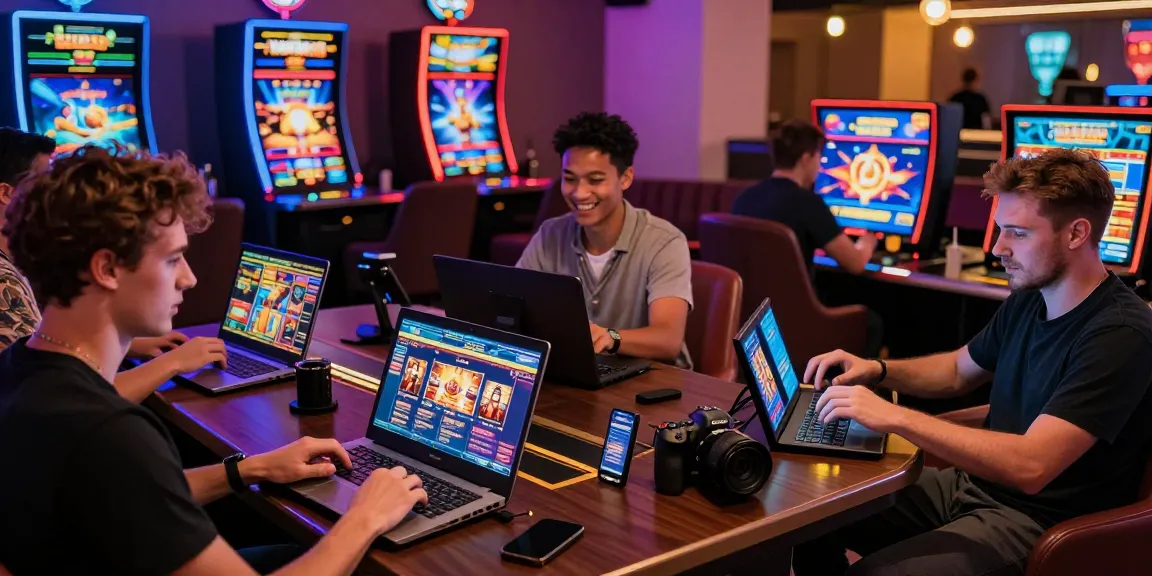 Engaged players enjoying non UKGC casinos in a vibrant gaming lounge, showcasing diverse casino games.