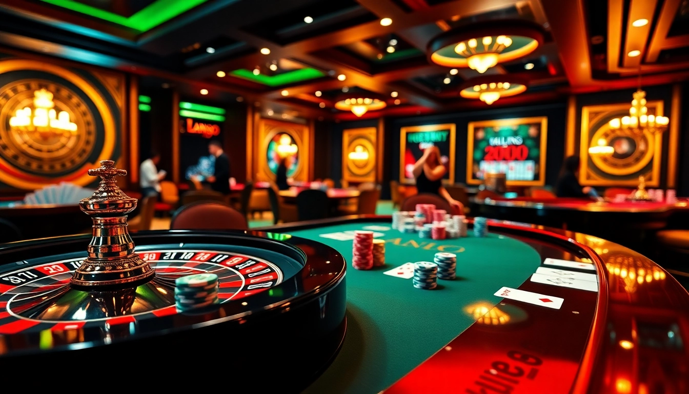 Des joueurs captivés profitant du casino en ligne avec des tables de jeu vibrantes et des jetons de poker.