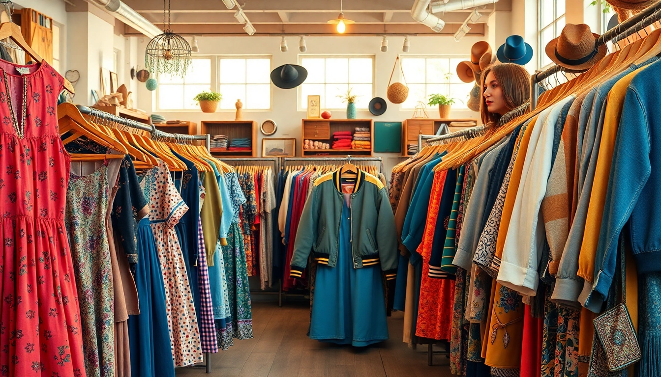 Discover unique thrifted vintage items at https://thrift-vintage.com/ in a vibrant clothing store setting.