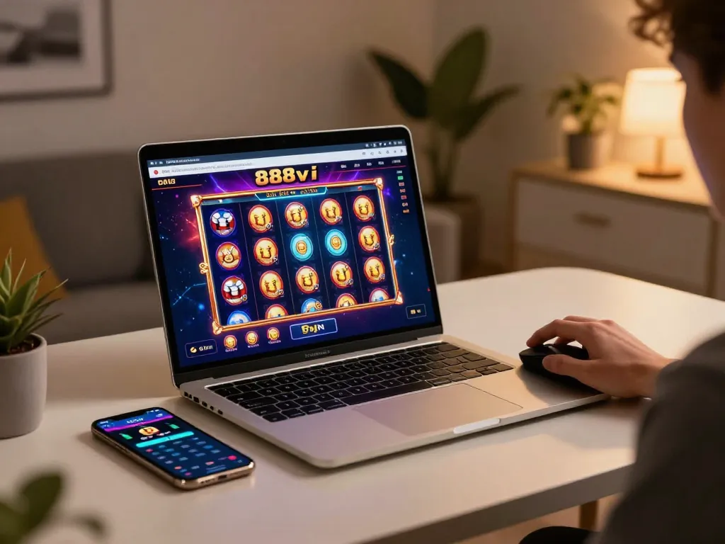 Engaged player using 888vi casino interface on laptop for online gaming experience.