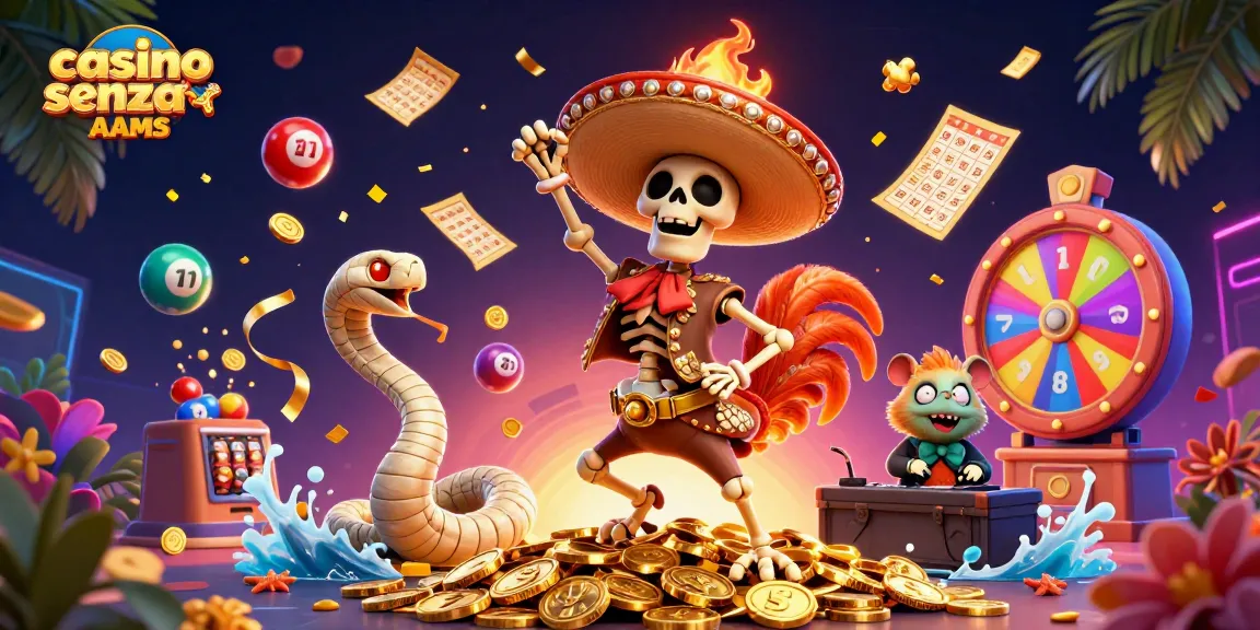 Divertiti con il casino senza AAMS mentre il gallo mariachis balla su monete d'oro.