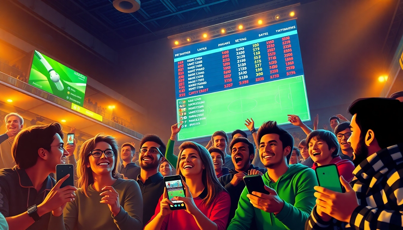 Engaging sports betting scene at keonhacai.gold showcasing fans excitedly watching football with live odds on a scoreboard.