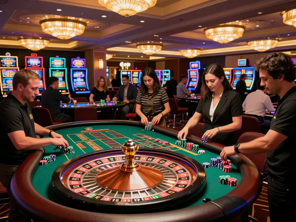 Nhà cái HO88 engaging players around a roulette table in a bustling casino atmosphere.