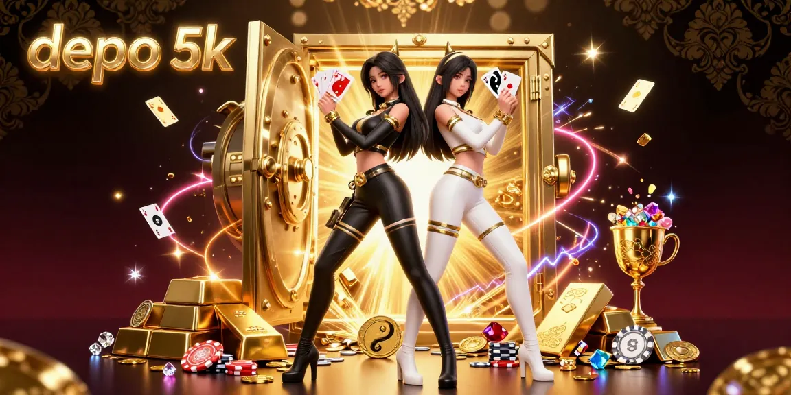 Experience exciting gameplay with depo 5k, featuring stunning twin Asian women, playing cards, and golden treasures.